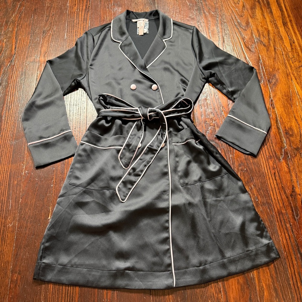 Victorias Secret Robe Womens XL Black Satin Tie Waist Long Sleeve Midi NWT